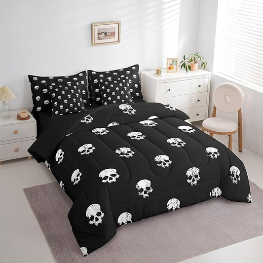 Skull Decor Bedding Sets Queen Size Gothic Horror Halloween Decorative Comforter Set for Kids Teens Adults All Season (Comforter,Flat Sheet,Fitted Sheet,2 Pillowcases,2 Pillow Covers) 7 Pcs