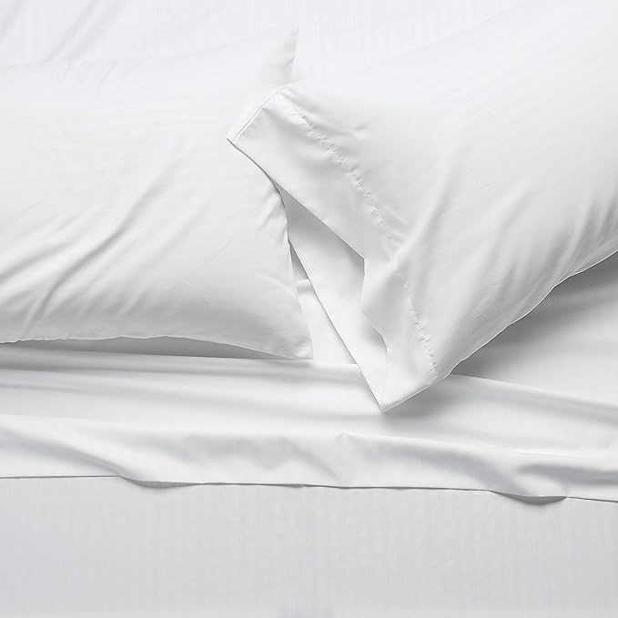 Amazon Basics Ultra-Soft, Breathable Microfiber 4-Piece Bed Sheet Set, Wrinkle-Free, Machine Washable, King Size, Bright White Striped