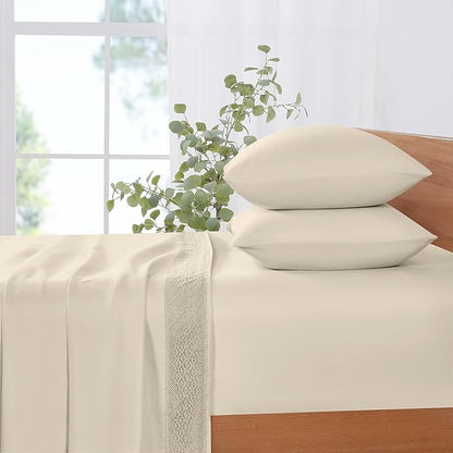 Modern Threads 4 Piece Microfiber Sheet Set – Soft Cooling Bed Sheets with Crochet Lace – Deep Pocket, Wrinkle Free, Breathable, Hotel Luxury Bedding, Beige, King