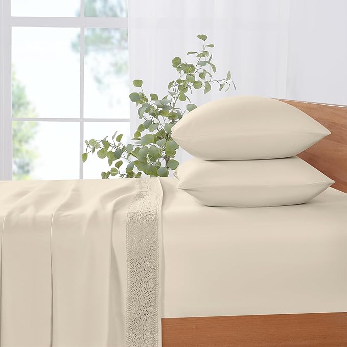 Modern Threads 4 Piece Microfiber Sheet Set – Soft Cooling Bed Sheets with Crochet Lace – Deep Pocket, Wrinkle Free, Breathable, Hotel Luxury Bedding, Beige, Full