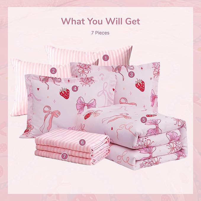 Full Size Comforter Set for Girls-7 Pieces Pink Bow Full Bedding Sets for Kids, Ultra Soft Bed in A Bag with Sheets