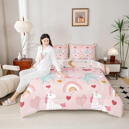 Feelyou Girls Unicorn Comforter Set Full Size Kids Cute Pink Rainbow Horse Decor Comforter for Unicorn Lover Daughter Bedding Set Boho Star Moon Duvet Set (1 Comforter + 2 Pillowcases, Full)