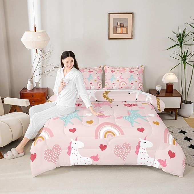 Feelyou Girls Unicorn Comforter Set Toddler Size Kids Cute Pink Rainbow Horse Decor Comforter for Unicorn Lover Daughter Bedding Set Boho Star Moon Duvet Set (1 Comforter + 1 Pillowcases, Toddler)