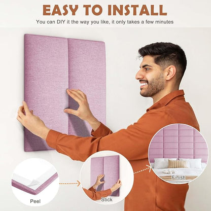 IFNOW Wall Mounted Headboard, Peel and Stick Panels, Light Pink, King | 3D Soundproof Acoustic Padding, Reusable and Removable Tufted fabric Bed Headboard for bedroom (12 Panels, 10" x 24")