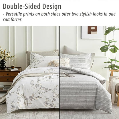 Vintage Botanical White Cotton Comforter Queen Size - Elegant Gray Flowers and Taupe Branches on White, Light Gray Striped Back, 3PC Lightweight Bedding Set with Ultra-Soft Alternative Fill