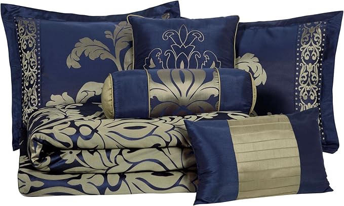 Chezmoi Collection 7-Piece Jacquard Floral Comforter Set (California King, Navy/Gold)