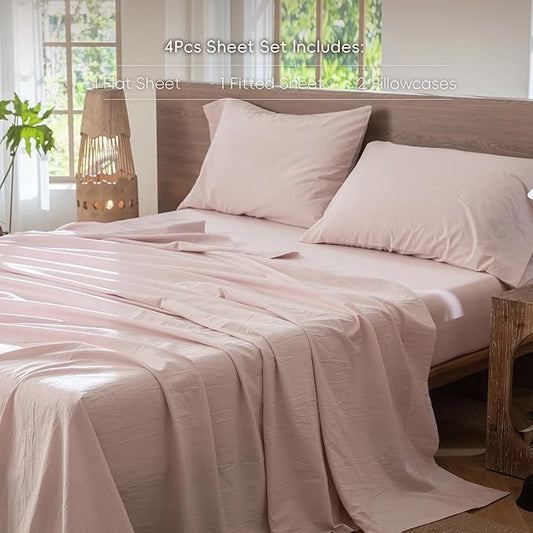 MooMee Bedding Sheet Set 100% Washed Cotton Linen Like Textured Breathable Durable Soft Comfy (Heathered Greyish Pink, King)