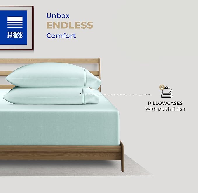 THREAD SPREAD 100% Cotton Pillow Cases Queen Size Set of 2 - Luxury 400 Thread Count Queen Pillow Cases (Sea Foam), Soft Cooling Breathable Hotel Quality Cotton Pillowcases, Fits Standard Pillows