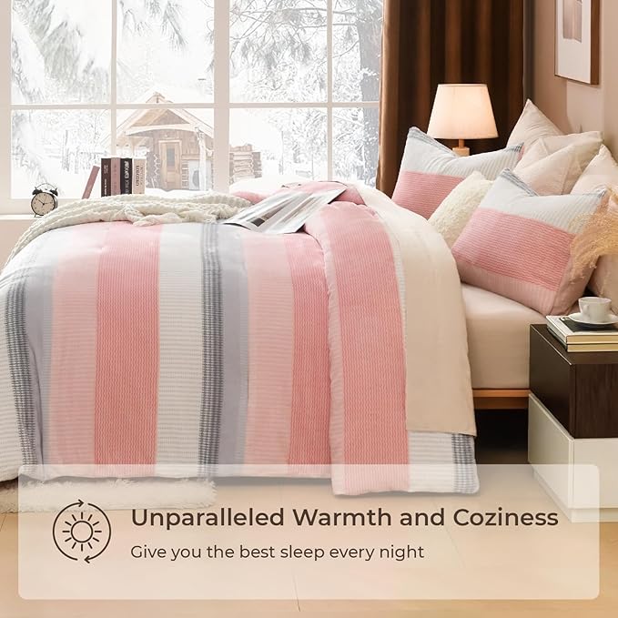 Litanika Fluffy Fleece King Size Comforter Set, Luxury Soft Plush Fuzzy Blush Stripe Bedding Comforter Sets, Warm Shaggy Faux Fur Bed Set All Season (1 Comforter, 2 Pillowcases)