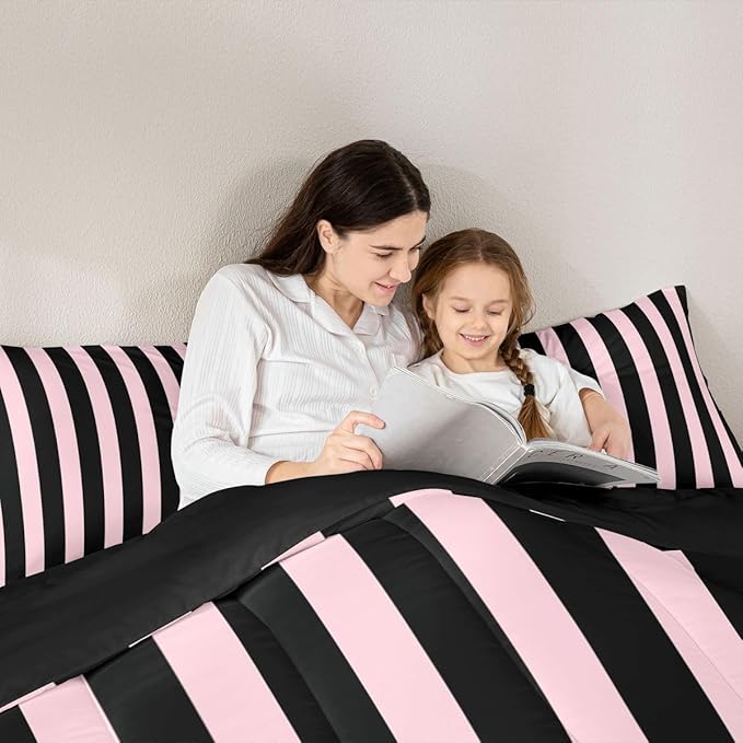 Erosebridal Pink and Black Striped Comforter Set King Size Simple Vertical Stripes Bedding Set Cute Retro Vintage Stripe Bed Collections Modern Abstract Minimalist Aesthetic Duvet Insert