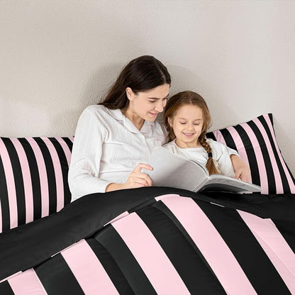 Erosebridal Pink and Black Striped Comforter Set King Size Simple Vertical Stripes Bedding Set Cute Retro Vintage Stripe Bed Collections Modern Abstract Minimalist Aesthetic Duvet Insert