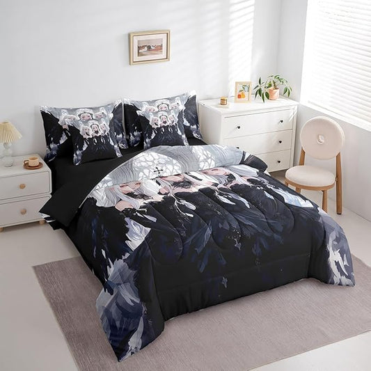 Erosebridal Japanese Anime Bed in A Bag King Comforter Set 7 Piece, Anime Girl Bedding Sets Kawaii Japanese Style Sheet Set with Comforter Cartoon Japan Animation Bedroom Decor, Black