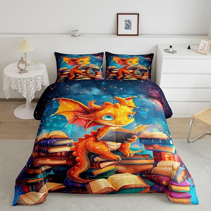 Cartoon Dragon Comforter Set Queen Size,Glitter Star Galaxy Nebula Bedding Set for Kids Boys Girls Room Decor,Magical Book Pattern Duvet Insert 3Pcs,Wild Animal Outer Space Quilt Set,2 Pillowcases