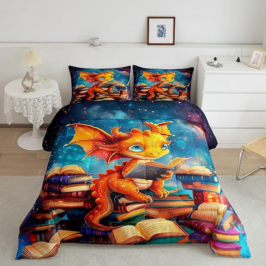 Cartoon Dragon Comforter Set Queen Size,Glitter Star Galaxy Nebula Bedding Set for Kids Boys Girls Room Decor,Magical Book Pattern Duvet Insert 3Pcs,Wild Animal Outer Space Quilt Set,2 Pillowcases