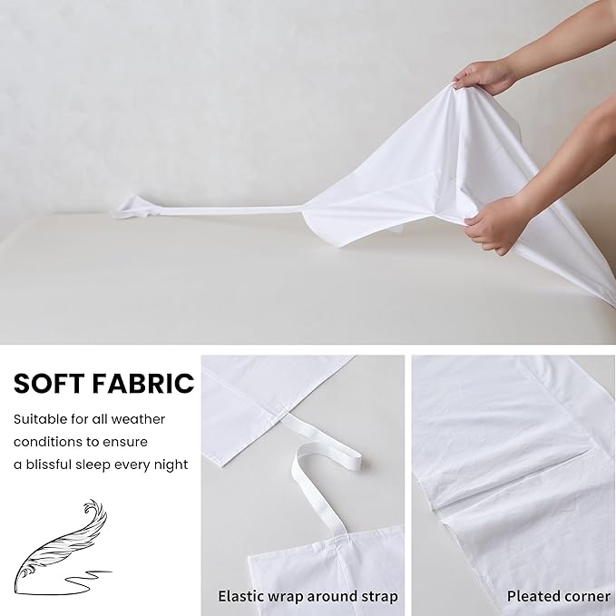 BISELINA French Linen Wrap Around Bed Skirt with Pleated Corner 14-Inch Tailored Drop Natural Flax Cotton Blend Basic Soft Cozy (14" Queen, White)