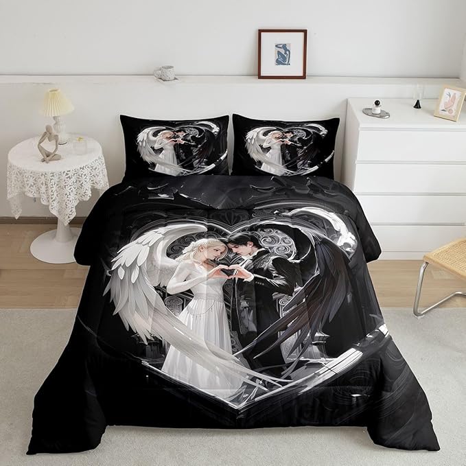 Erosebridal Angel Wings Kids Bedding | Black and White Angel Full Comforter Sets,Romance Love Comforter Princess Fairy Style Duvet Insert with 2 Pillow Cases