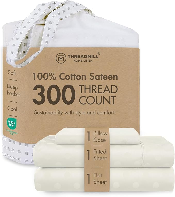Threadmill Cotton Twin Sheet Set | 100% Cotton Sheets for Twin Size Bed | Damask Jacquard Sateen Twin Bed Sheets Set with 16” Deep Pocket | Soft Breathable 3-Piece Cooling Sheet Set | Ivory