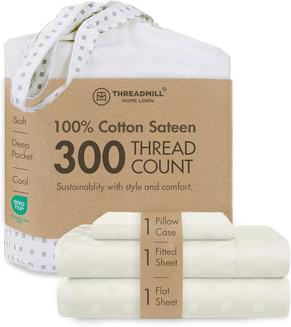 Threadmill Cotton Twin Sheet Set | 100% Cotton Sheets for Twin Size Bed | Damask Jacquard Sateen Twin Bed Sheets Set with 16” Deep Pocket | Soft Breathable 3-Piece Cooling Sheet Set | Ivory
