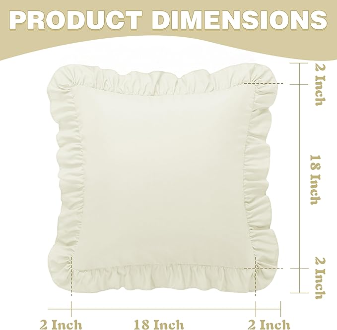 KKJIAF Ruffle Pillow Cases 18x18 Inches, Beige Square Ruffled Pillow Covers Set of 2, Microfiber Wrinkle Resistant Pillow Shams with Envelope Closure for Sofa Bed Living Room