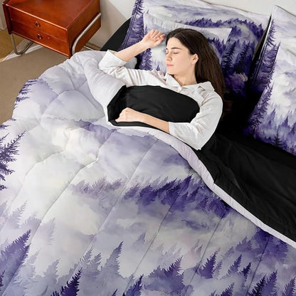 Erosebridal Purple Misty Forest Full Bed in A Bag 7 Piece Mountain Foggy Woodland Comforter Set with Sheets Rustic Pine Tree Bedding Sets for Kids Adults,Watercolor Nature Theme Bed Set