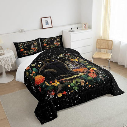 Kids Cartoon Cat Bedding Set Queen Size,Colorful Flower Butterfly Leaves Botanical Comforter Set Bright Starry Sky Girls Boys Quilt Set Black Pet Animals Duvet Insert Boho Style,2 Pillowcases