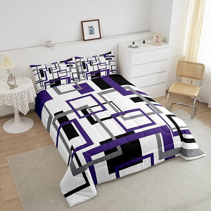 Erosebridal Geometric Comforter Set for Kids Boys Girls,Vintage Black White Grey Purple Bedding Set Queen,Modern Farmhouse Quilt Bedroom Decor,Striped Pattern Duvet Insert with 2 Pillow Shams