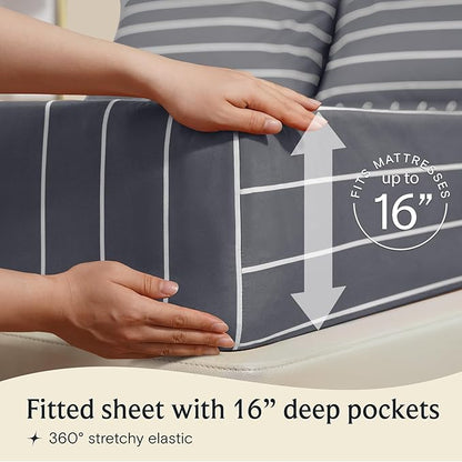 LuxClub 4 PC King Size Sheet Set, Breathable Luxury Bed Sheets, Deep Pockets 18" Wrinkle Free Cooling Machine Washable Hotel Bedding (Striped Light Grey)
