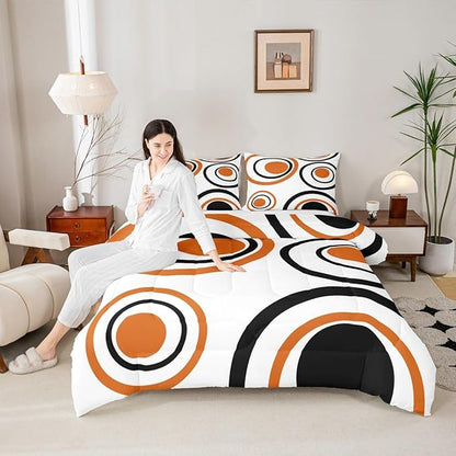Erosebridal Orange Abstract Toddler Comforter Modern Geometric Circles Bedding Set Boho Art Aesthetic Striped Duvet Insert Minimalist Black White Abstract Bed Sets