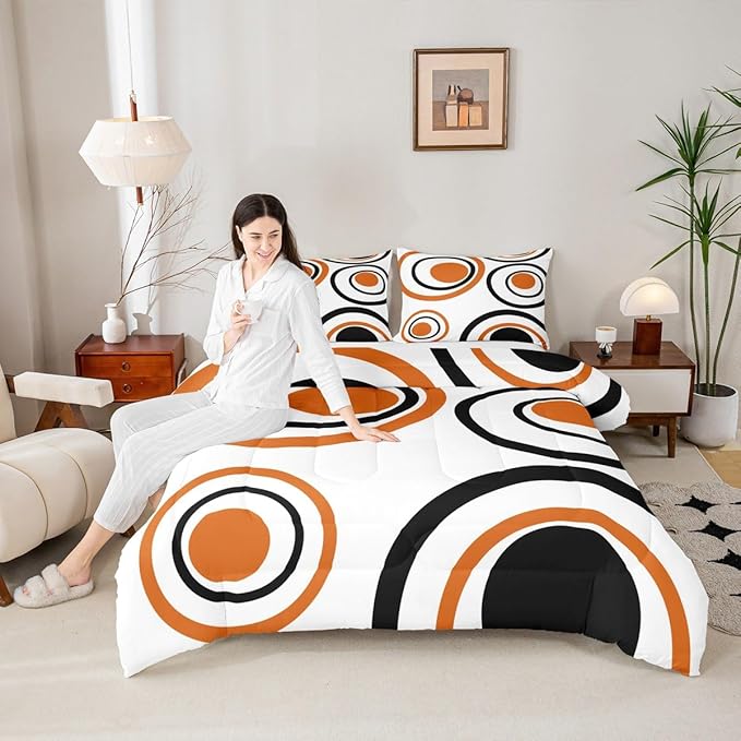 Erosebridal Orange Abstract Twin Bedding Sets for Adult Women Men Modern Geometric Circles Comforter Set Boho Art Aesthetic Striped Quilt Duvet Set Minimalist Black White Abstract Bedding Collections