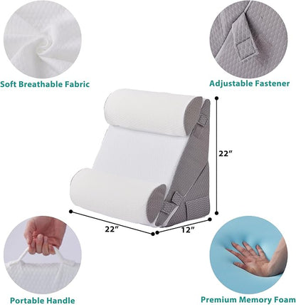 Adjustable 4pcs Bed Wedge Pillow Set, Memory Foam Wedge Pillows Post Surgery for Back, Neck, Leg Pain Relief, Pillow Wedge for Sleeping, Sitting up in Bed, Acid Reflux and GERD, White/Grey