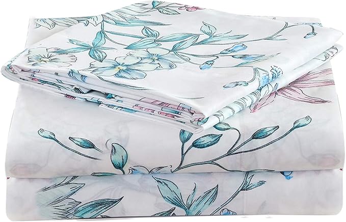 JSD White Blue Floral Printed Sheet Set King Size, 4 Piece Botanical Microfiber Sheets Extra Deep Pocket