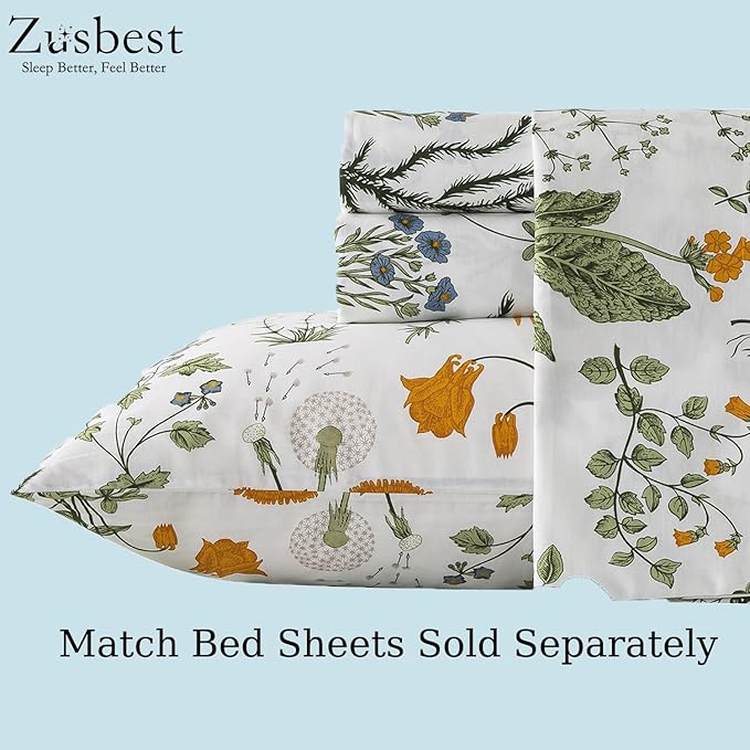 Zusbest 100% Cotton Floral Pillow Cases Standard Size Set of 2, 19''×29'', Reversible Botanical Green Pillowcases, Flower Printed Vintage Pillow Covers Soft Envelope Queen Pillowcase Protectors