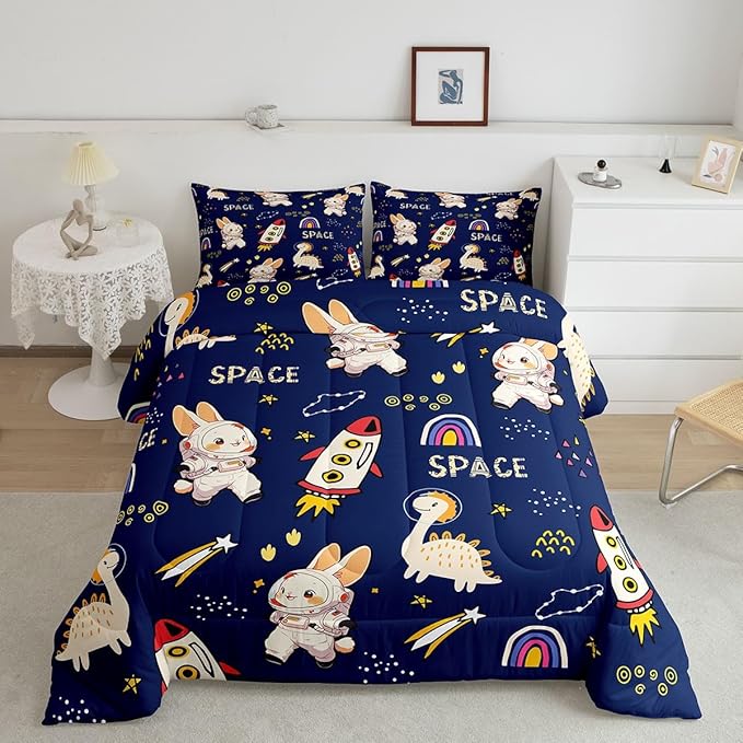 Cute Rabbits Bed Comforters Set Queen Size,Kids Boys Dinosaurs Super Soft Microfiber Bedding Set for Boys Girls,Cartoon Rocket Starry Galaxy Navy Room Decorative Comforter Set,2 Pillowcase
