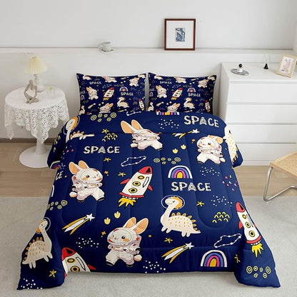 Cute Rabbits Bed Comforters Set Queen Size,Kids Boys Dinosaurs Super Soft Microfiber Bedding Set for Boys Girls,Cartoon Rocket Starry Galaxy Navy Room Decorative Comforter Set,2 Pillowcase