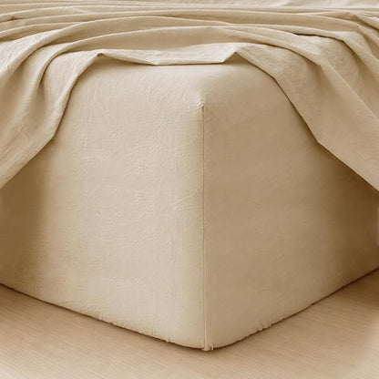 MooMee Fitted Bottom Sheet Only 100% Washed Cotton Linen Like Textured Breathable Durable Soft Comfy Deep Pocket Fits Mattress up to 17" (Almond Milk Grey, California King)