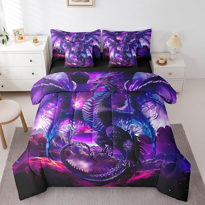 Erosebridal Dragon Comforter Set 7 Piece Bed in a Bag Twin,Vintage Dreamy Blue Dragon Wings Bedding Sets Prehistoric Mythical Animal Sheet Set with Comforter