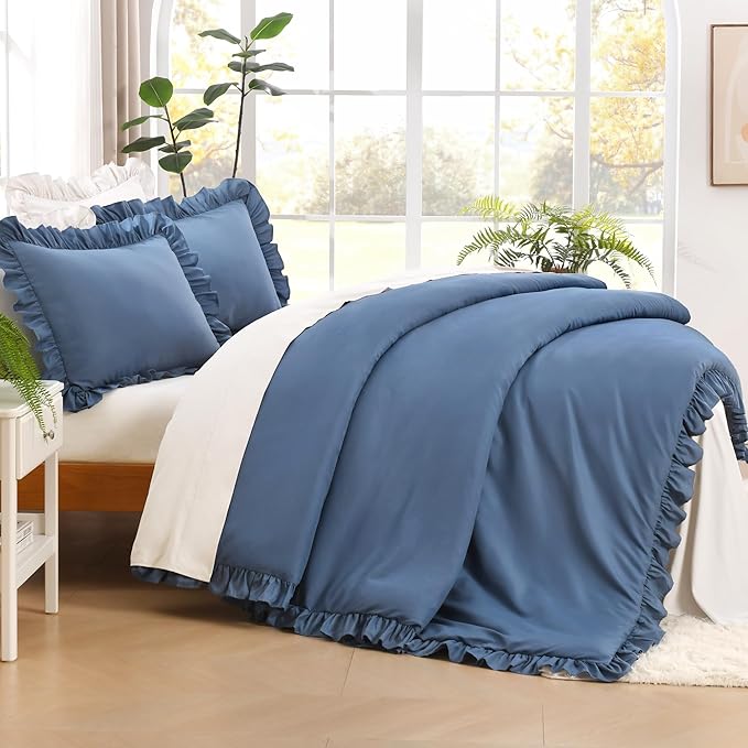 Litanika Ocean Blue Queen Comforter Set, 3 Pieces Ruffle Farmhouse Aesthetic Bedding Comforter Set, All Season Soft Lightweight Fluffy Microfiber Bed Set(90x90In Comforter, 2 Pillowcases)