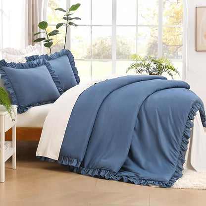 Litanika Ocean Blue Queen Comforter Set, 3 Pieces Ruffle Farmhouse Aesthetic Bedding Comforter Set, All Season Soft Lightweight Fluffy Microfiber Bed Set(90x90In Comforter, 2 Pillowcases)