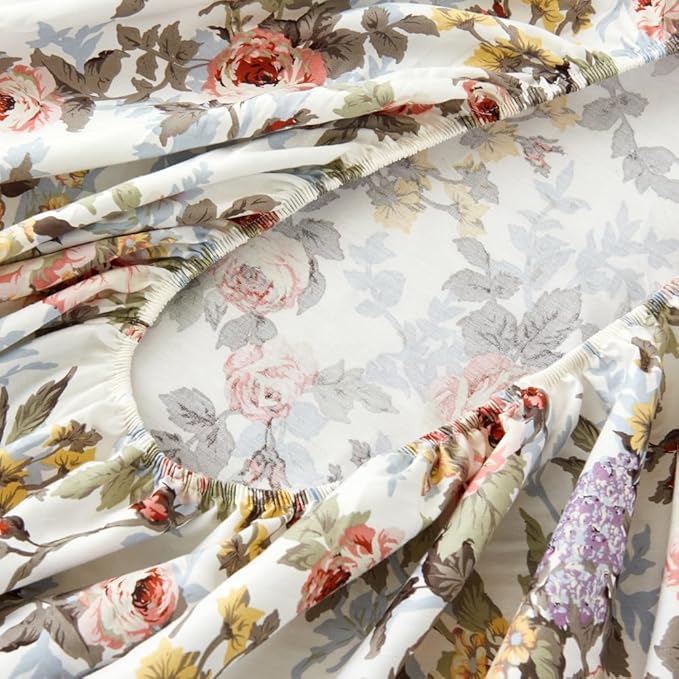 DAUAOTO 100% Cotton Sheets Set Twin Size Printed Bedding Sets, Up to 14" Deep Mattress, Classic Vintage Flower Pattern Bedlinen Set, Rose Floral