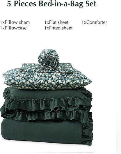 Twin XL Comforter Set - 5 Pieces Ruffle Forest Green Floral Bedding Sets, Shabby Chic Farmhouse Bed in a Bag with Ruffle Comforter, Floral Sheets, Pillowcase & Sham