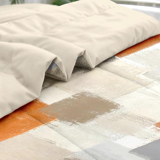 Comforter Set Twin Size, Beige Grey Abstract Painting 5 Pcs Bedding for Kids and Adults, Orange Gray Contemporary Bed Sheet Sets with Fitted Sheet Pillowcase & Sham for Bedroom Bed Decor