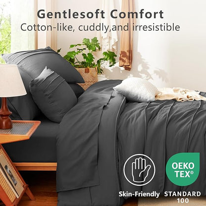 CozyLux Queen Comforter Set Dark Grey, 7 Pieces Soft Pinch Pleat Bed in a Bag Queen Comforter Set with Sheets, Boho Bed Set with Down Alternative Comforter, Sheets, Pillowcases & Shams