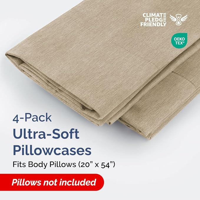 Body Pillowcases Set of 4-20x54 Long Body Pillow Case - Soft Body Pillow Cover for Sleeping & Side Sleepers - Breathable & Fade Free - Machine Washable with Envelope Enclosure - (Heathered Beige)