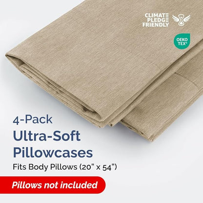 Body Pillowcases Set of 4-20x54 Long Body Pillow Case - Soft Body Pillow Cover for Sleeping & Side Sleepers - Breathable & Fade Free - Machine Washable with Envelope Enclosure - (Heathered Beige)