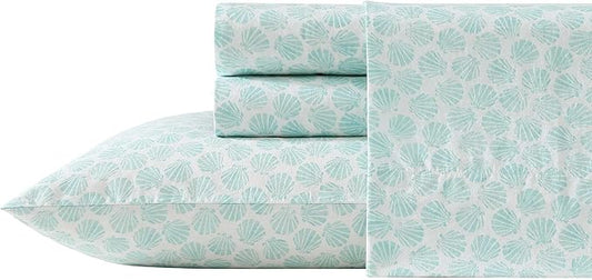 Laura Ashley - Full Sheets, Cotton Percale Bedding Set, Lightweight & Breathable Home Decor (Margate Shells Blue, Full)
