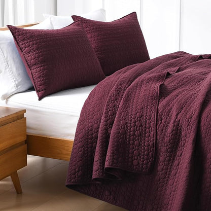 HORIMOTE HOME Burgundy Quilt Set Queen Size, Lightweight Soft Pre-Washed Microfiber Circle Pattern Bedspread Coverlet, 3 Pieces Quilt Bedding Set with Pillow Shams for All Season, 90x96 inches
