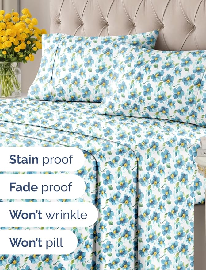 Floral Sheets - Flower Print Bed Sheet Set - 1 Flat, 1 Fitted & 2 Pillowcases w/ Deep Pockets - Comfy, Wrinkle & Fade Free - Boho Botanical Bedding - Soft, Breathable and Cooling - Cal King Size Set