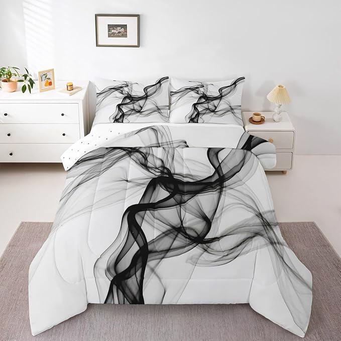 Erosebridal Geometric Quilt Insert King Size Ink Line Bedding Set for Minimalists Gradient Stripe Aesthetic White Comforter Warm Soft Comforter Set