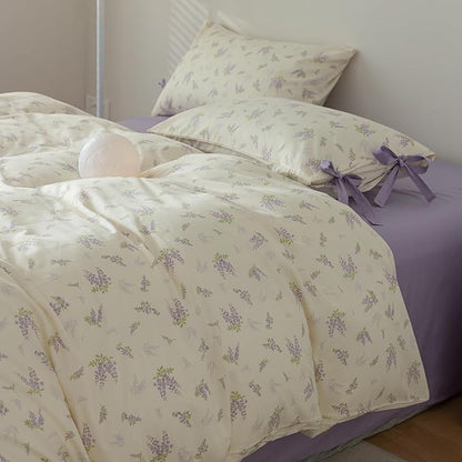 HighBuy Lilac Garden Floral Comforter Set Twin XL with 2 Bow Tie Pillowcases Soft Comfy Purple Floral Botanical Boho Comforter Set Coquette Bedding Set,Bed Set Twin XL