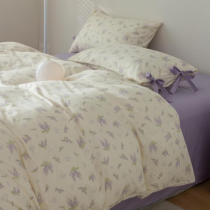 HighBuy King Comforter Set Girl Purple Floral Boho Comforter Set King with 2 Bow Tie Pillowcases Women Chic Shabby Cozy Soft Coquette Bedding Set Botanical Comforter Sets